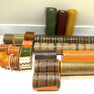 LOT OF FALL THANKSGIVING DECO MESH & RIBBON BROWNS, ORANGES GOLDS